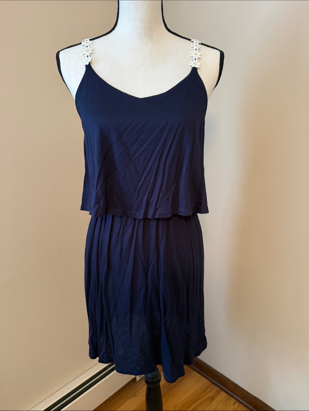Navy Floral-Trim Sleeveless Summer Dress